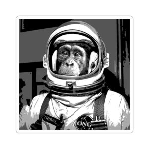 Astronaut Chimp Sticker — Retro Black & White Space Monkey Kiss-Cut Decal