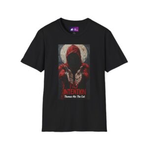 No Intention Hoodie Figure T‑Shirt — Dark Red Cloaked Horror Graphic Tee