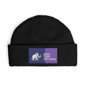 Cuff Beanie — Ivory/Black Knit Hat with Pom-Tusk Records Logo Patch